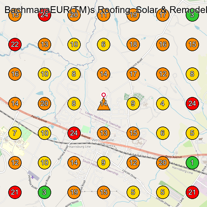 BachmanaEUR(TM)s Roofing, Solar & Remodeling Roofing Contractor GeoGrid ranking map for Wernersville PA